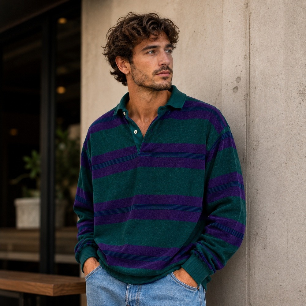 Vintage Chesterfield Mens Velour Striped Long Sleeve L Polo Shirt Teal Purple